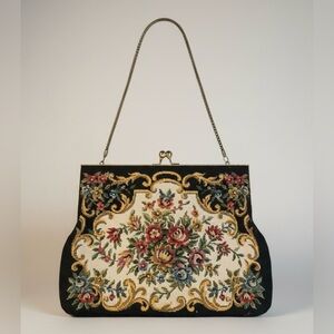 Vintage Floral Petit Point Needlepoint Clutch with Gold Hardware